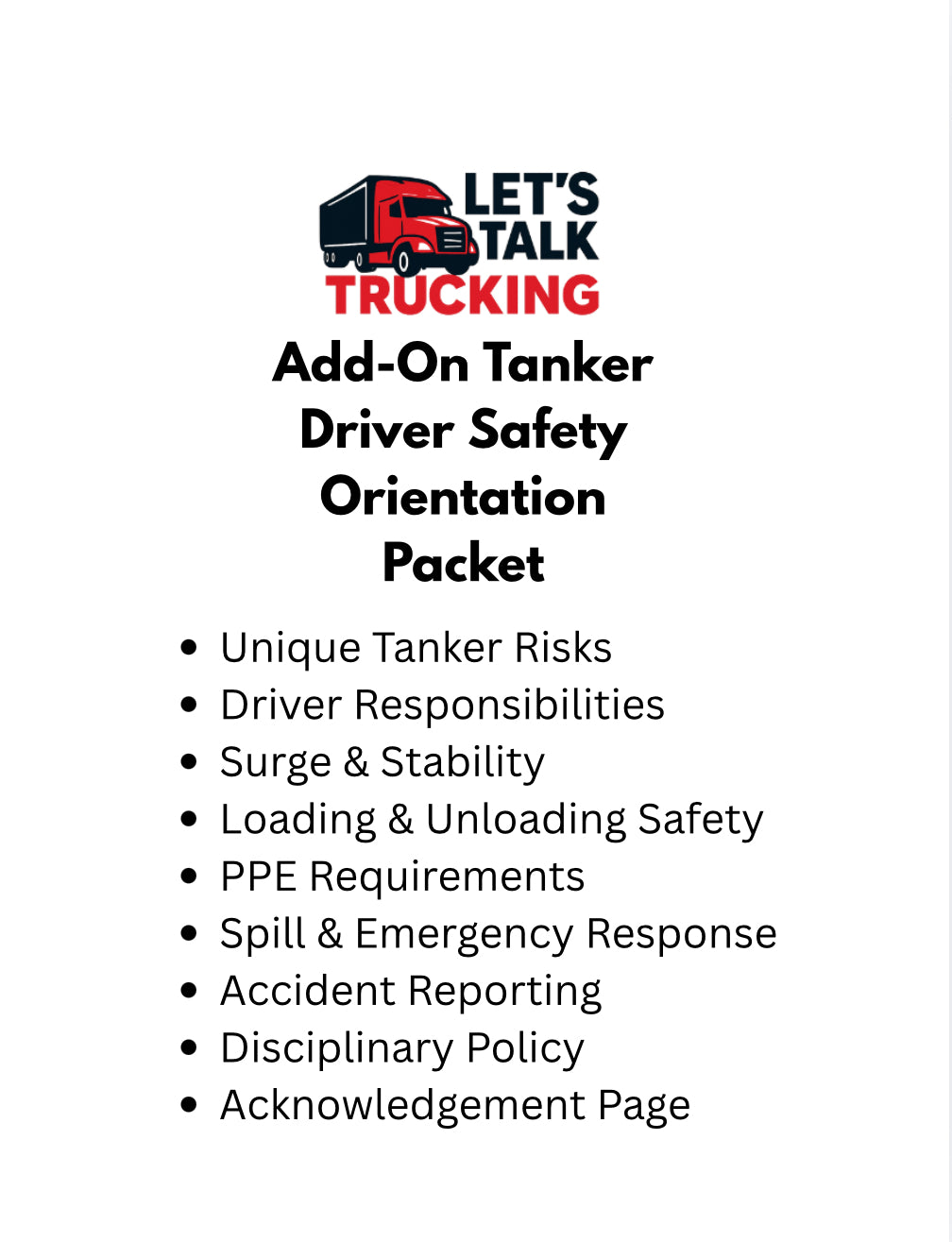 Add-On Tanker Driver Safety Orientation Packet - Digital Download